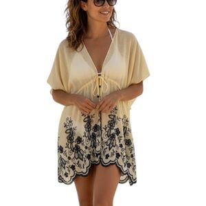 Haute Hippie Boho Floral Embroidered Tie Front Swim Coverup One Size Cream Black